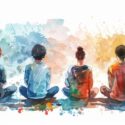 Students In Mental Health Workshop, Learning Relaxation Techniques, Back To School, Watercolor Style, White Background