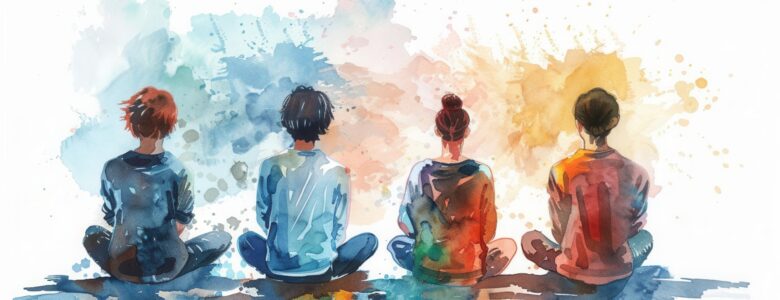 Students In Mental Health Workshop, Learning Relaxation Techniques, Back To School, Watercolor Style, White Background